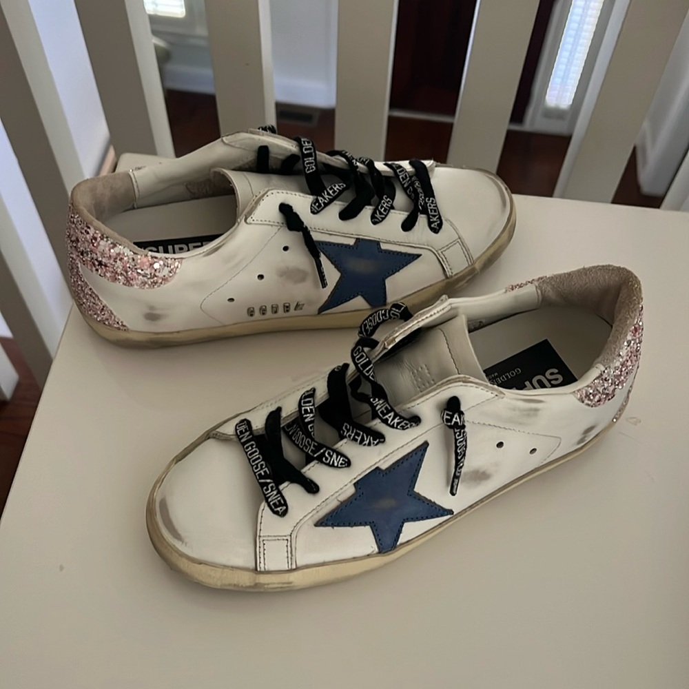 Authentic Golden Goose Super-Stars. Blue star with pink sparkles. Size 37